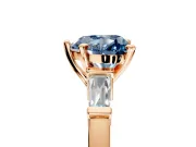 3 Stone Engagement Ring Setting for Fancy Blue Heart-Shaped Center with Channel Baguette Accents and Prong Head in Rose Gold