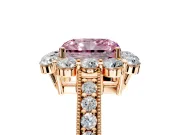 Halo Engagement Ring Setting for Fancy Pink Radiant Cut Center with Milgrain Channel Band and Prong Head in Rose Gold