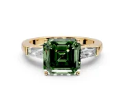 3 Stone Engagement Ring Setting for Fancy Green Asscher Cut Center with Tapered Baguettes, Plain Band and Prong Head in Yellow Gold
