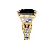 3 Stone Engagement Ring Setting for Fancy Black Radiant Cut Center with Crossover Basket, Pave Band and Prong Head in Yellow Gold