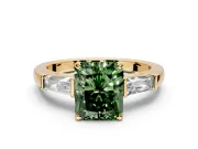 3 Stone Engagement Ring Setting for Fancy Green Radiant Cut Center with Tapered Baguettes, Plain Band and Prong Head in Yellow Gold