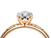 Solitaire Engagement Ring Setting for Pear-Shaped Center with Scrollwork Band and Prong Head in Rose Gold