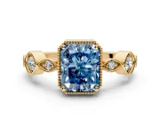 Vintage Station Engagement Ring Setting for Fancy Blue Radiant Cut Center with Accents and Prong Head in Yellow Gold