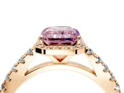 Halo Engagement Ring Setting for Fancy Pink Radiant Cut Center with Full Pave Band and Prong Head in Rose Gold