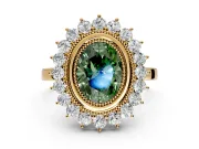 Halo Engagement Ring Setting for Fancy Green Oval Center with Milgrain Bezel Rim, Plain Band and Prong Head in Yellow Gold