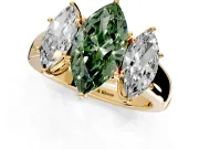 3 Stone Engagement Ring Setting for Fancy Green Marquise Center with Raised Basket Heads and Prong Head in Yellow Gold