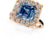Single Halo Engagement Ring Setting for Fancy Blue Asscher Cut Center with Corner Claws, Plain Band and Prong Head in Rose Gold