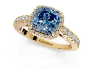 Halo Engagement Ring Setting for Fancy Blue Cushion Cut Center with Full Pave Band and Prong Head in Yellow Gold