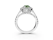 Double Halo Engagement Ring Setting for Fancy Green Oval Center with Narrow Pave Split Shank and Prong Head in Platinum