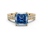 Solitaire Engagement Ring Setting for Fancy Blue Asscher Cut Center with Milgrain-Framed Pave Band and Prong Head in Yellow Gold