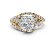 Halo Engagement Ring Setting for Radiant Cut Center with Marquise and Pave Bypass Band and Prong Head in Yellow Gold