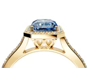 Halo Engagement Ring Setting for Fancy Blue Radiant Cut Center with Pave Accents, Heart Basket and Prong Head in Yellow Gold