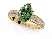 Solitaire Engagement Ring Setting for Fancy Green Pear-Shaped Center with Multi-Row Pave Accents and Basket Head in Yellow Gold