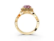 Halo Engagement Ring Setting for Fancy Pink Round Cut Center with Leaf Motif Split Shank and Prong Head in Yellow Gold