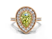 Halo Engagement Ring Setting for Fancy Yellow Pear-Shaped Center with Milgrain Frame, Pave Band and Prong Head in Rose Gold