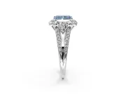 Halo Engagement Ring Setting for Fancy Blue Radiant Cut Center with Two-Strand Split Shank and Prong Head in Platinum