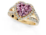 Halo Engagement Ring Setting for Fancy Pink Heart-Shaped Center with Narrow Pave Split Shank and Prong Head in Yellow Gold
