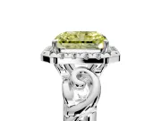 Halo Engagement Ring Setting for Fancy Yellow Radiant Cut Center with Open Scroll Shoulders and Prong Head in Platinum