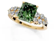 Cluster Engagement Ring Setting for Fancy Green Radiant Cut Center with 2-Row Shoulder Clusters and Prong Head in Yellow Gold