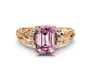 Solitaire Engagement Ring Setting for Fancy Pink Emerald Cut Center with Filigree Accent Basket and Prong Head in Rose Gold