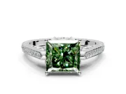 Cathedral Engagement Ring Setting for Fancy Green Princess Cut Center with Antique-Style Pave Band and Prong Head in White Gold