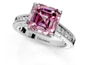 Engraved Engagement Ring Setting for Fancy Pink Asscher Cut Center with Milgrain Pave Band and Prong Head in Platinum