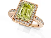 Halo Engagement Ring Setting for Fancy Yellow Emerald Cut Center with Metal-Rimmed Halo, Pave Band and Prong Head in Rose Gold