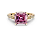 Cathedral Engagement Ring Setting for Fancy Pink Asscher Cut Center with Antique-Style Pave Band and Prong Head in Yellow Gold