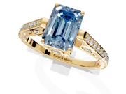Cathedral Engagement Ring Setting for Fancy Blue Emerald Cut Center with Antique-Style Pave Band and Prong Head in Yellow Gold