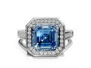 Halo Engagement Ring Setting for Fancy Blue Asscher Cut Center with Outer Bezel Rim, Pave Band and Prong Head in Sterling Silver