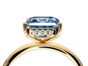 Hidden Halo Engagement Ring Setting for Fancy Blue Asscher Cut Center with Thin Round-Wire Band and Prong Head in Yellow Gold