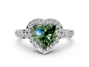 Halo Engagement Ring Setting for Fancy Green Heart-Shaped Center with Heart-Shaped Openwork, Pave Band and Prong Head in White Gold
