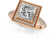 Milgrain Halo Engagement Ring Setting for Princess Cut Center with Three-Sided Pave Band and Prong Head in Rose Gold