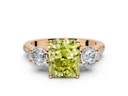 3 Stone Engagement Ring Setting for Fancy Yellow Radiant Cut Center with Crossover Basket, Pave Band and Prong Head in Rose Gold