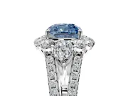 Halo Engagement Ring Setting for Fancy Blue Cushion Cut Center with Two-Strand Split Shank and Prong Head in Sterling Silver
