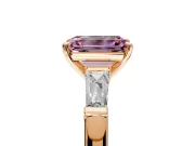 3 Stone Engagement Ring Setting for Fancy Pink Emerald Cut Center with Tapered Baguettes, Plain Band and Prong Head in Rose Gold