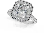 Milgrain Floral Halo Engagement Ring Setting for Radiant Cut Center with Pave Band and Prong Head in Platinum