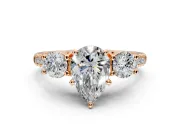 3 Stone Engagement Ring Setting for Pear-Shaped Center with Crossover Basket, Pave Band and Prong Head in Rose Gold