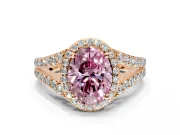 Halo Engagement Ring Setting for Fancy Pink Oval Center with Narrow Pave Split Shank and Prong Head in Rose Gold