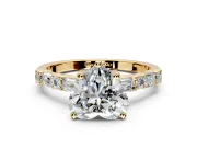 Baguette Engagement Ring Setting for Heart-Shaped Center with Alternating Bar-Set Band and Prong Head in Yellow Gold