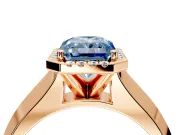 Halo Engagement Ring Setting for Fancy Blue Radiant Cut Center with Knife Ridge Cathedral Band and Prong Head in Rose Gold