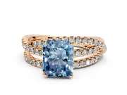 Solitaire Engagement Ring Setting for Fancy Blue Radiant Cut Center with Woven 3-Strand Pave Band and Prong Head in Rose Gold