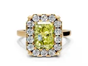 Single Halo Engagement Ring Setting for Fancy Yellow Radiant Cut Center with Corner Claws, Plain Band and Prong Head in Yellow Gold