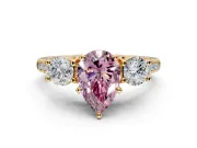 3 Stone Engagement Ring Setting for Fancy Pink Pear-Shaped Center with Crossover Basket, Pave Band and Prong Head in Yellow Gold