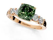 5 Stone Engagement Ring Setting for Fancy Green Cushion Cut Center with Plain Band and Prong Head in Rose Gold