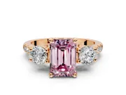 3 Stone Engagement Ring Setting for Fancy Pink Emerald Cut Center with Crossover Basket, Pave Band and Prong Head in Rose Gold