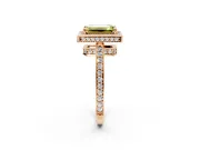 Halo Engagement Ring Setting for Fancy Yellow Emerald Cut Center with Metal-Rimmed Halo, Pave Band and Prong Head in Rose Gold