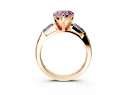 3 Stone Engagement Ring Setting for Fancy Pink Heart-Shaped Center with Tapered Baguettes, Plain Band and Prong Head in Rose Gold