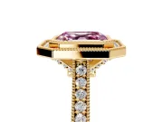 Halo Engagement Ring Setting for Fancy Pink Asscher Cut Center with Milgrain Pave Band and Bezel Head in Yellow Gold