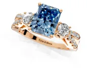 3 Stone Engagement Ring Setting for Fancy Blue Radiant Cut Center with Pave Split Shank and Prong Head in Rose Gold
